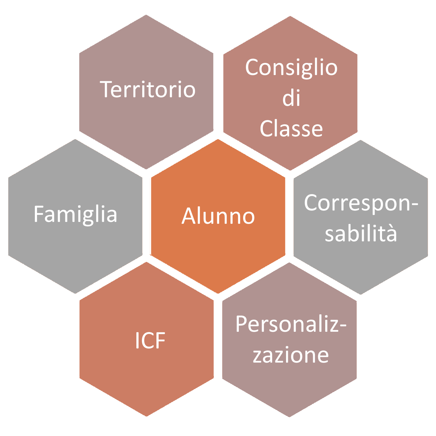 immagine grafica con al centro la parola Alunno e intorno le seguenti parole: Territorio, Consiglio di Classe, Corresponsabilità, personalizzazione, ICF, Famiglia, Territorio